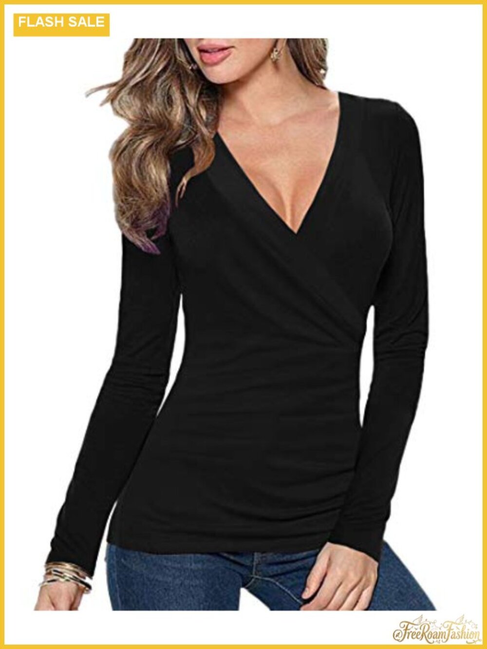 Slim Fitted Deep V Neck Cross Wrap Top Long Sleeve